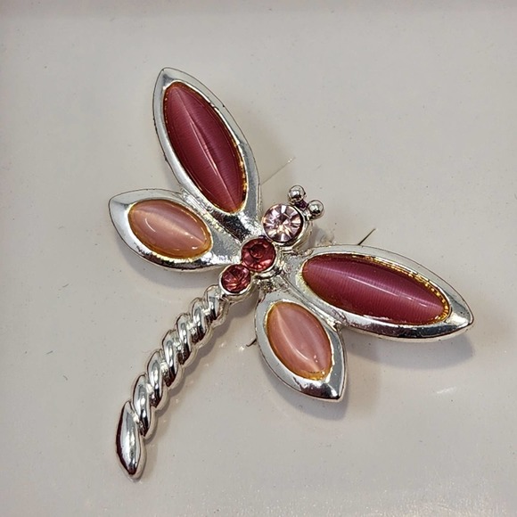 Dragonfly Pink Crystal Faux Moonstone Brooch Pin Silver Tone Insect Bug New - Picture 3 of 4